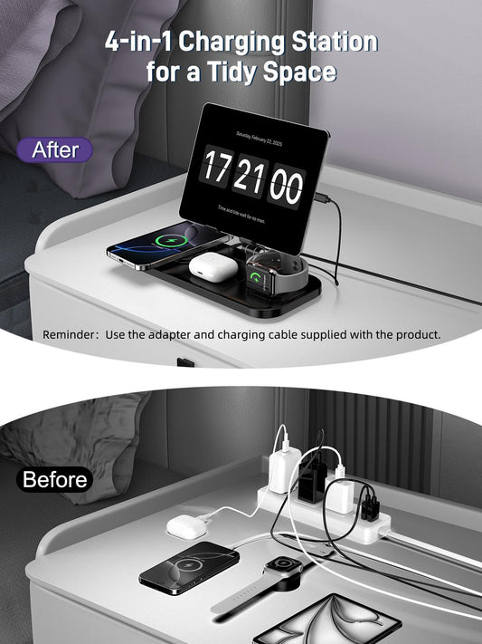 Apple iPhone、Watch、イヤホン、iPadなど複数のデバイスに対応した4in1ワイヤレス充電ステーション