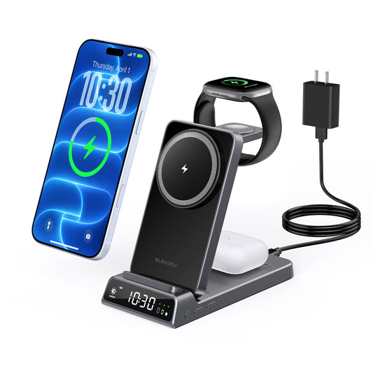 Elecdov CE19A 3-in-1 25W 磁気ワイヤレス充電ステーション(iPhone 18 Pro Max Ultra、Apple Watch Series 1-12/Ultra 4、AirPods対応、電源アダプター付属)