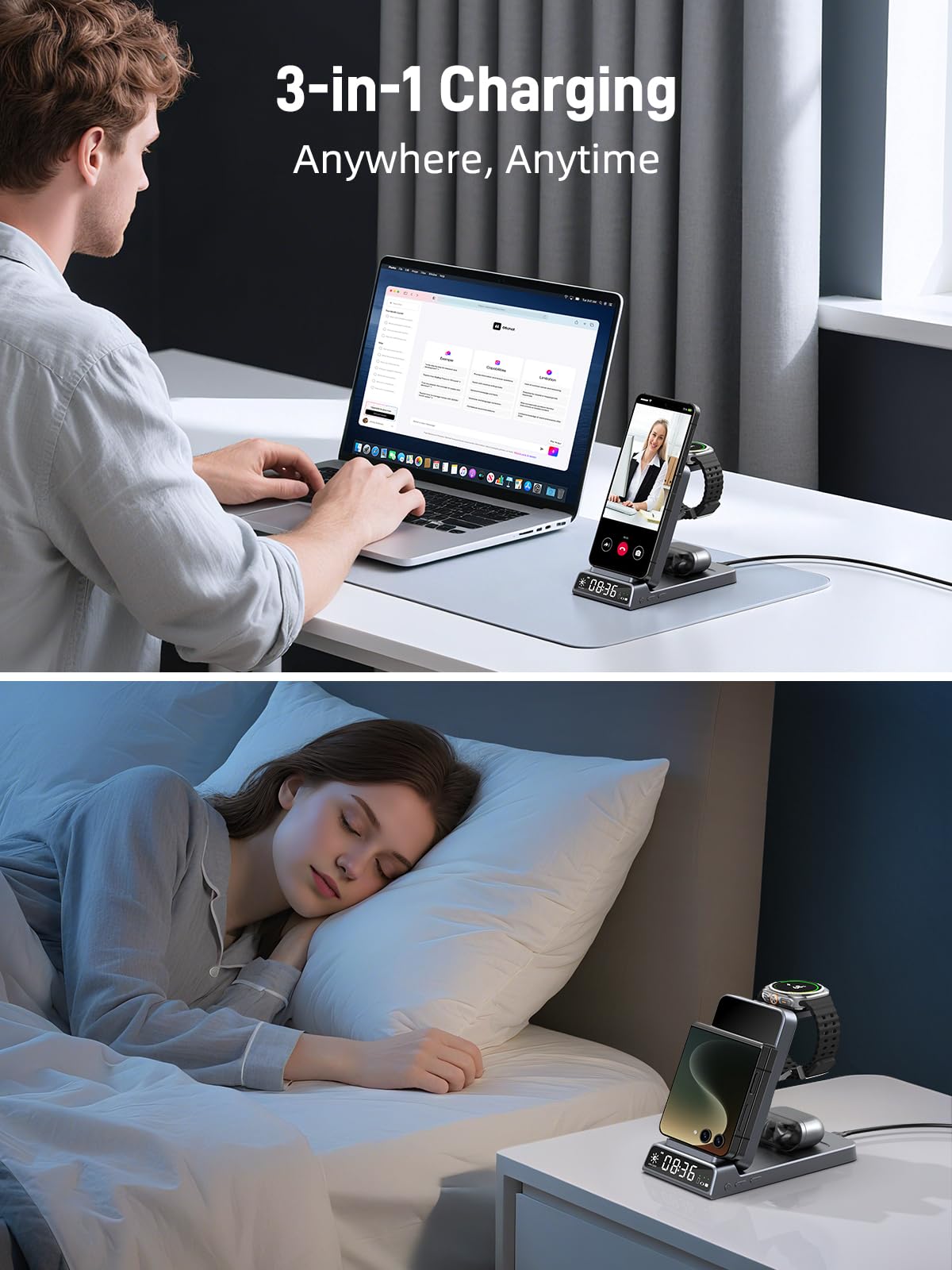 Elecdov 3 in 1 ワイヤレス充電器(Samsung Galaxy Z Flipシリーズ用)