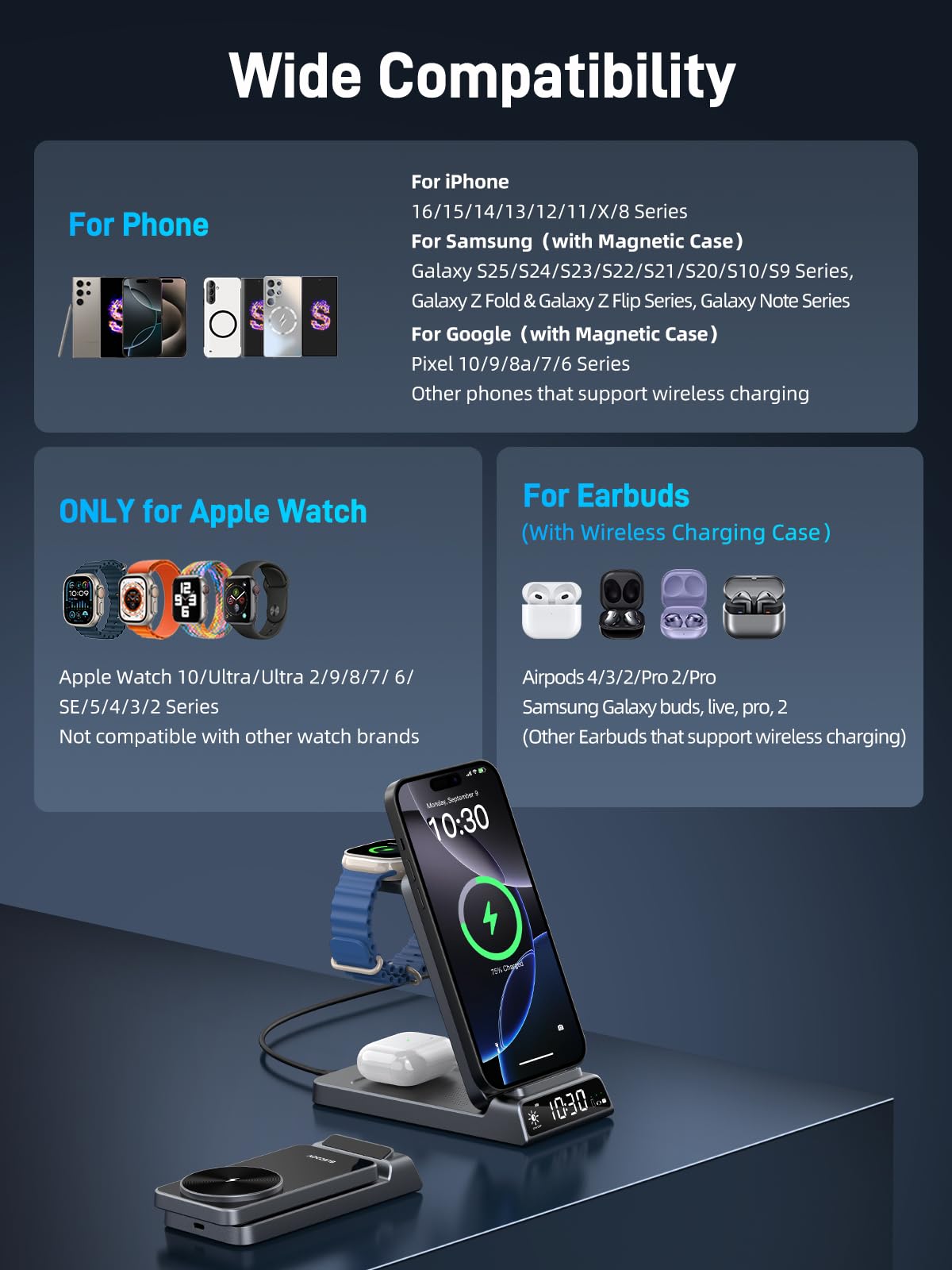 Elecdov製 マグネット式3in1充電ステーション(時計機能付き、Appleデバイス対応)