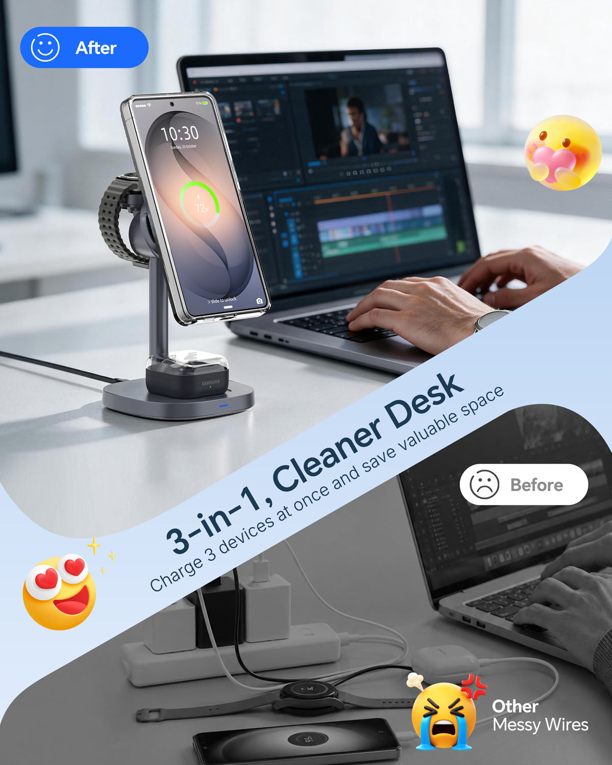 Elecdov W98S Samsung用3in1磁気充電ステーション Qi2認証充電器、充電プラグ付属