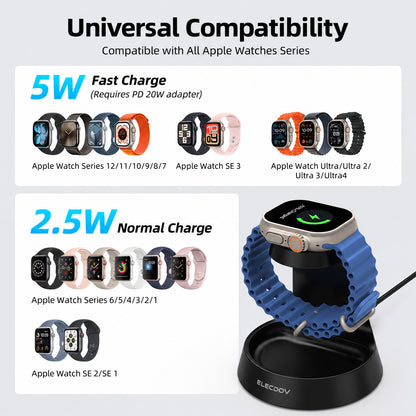 Elecdov WC01A Apple Watch用 2-in-1 磁気ワイヤレス充電ステーション、5W急速充電スタンド（収納オーガナイザー付き）、シリーズ1-10 & Ultra 1-2対応