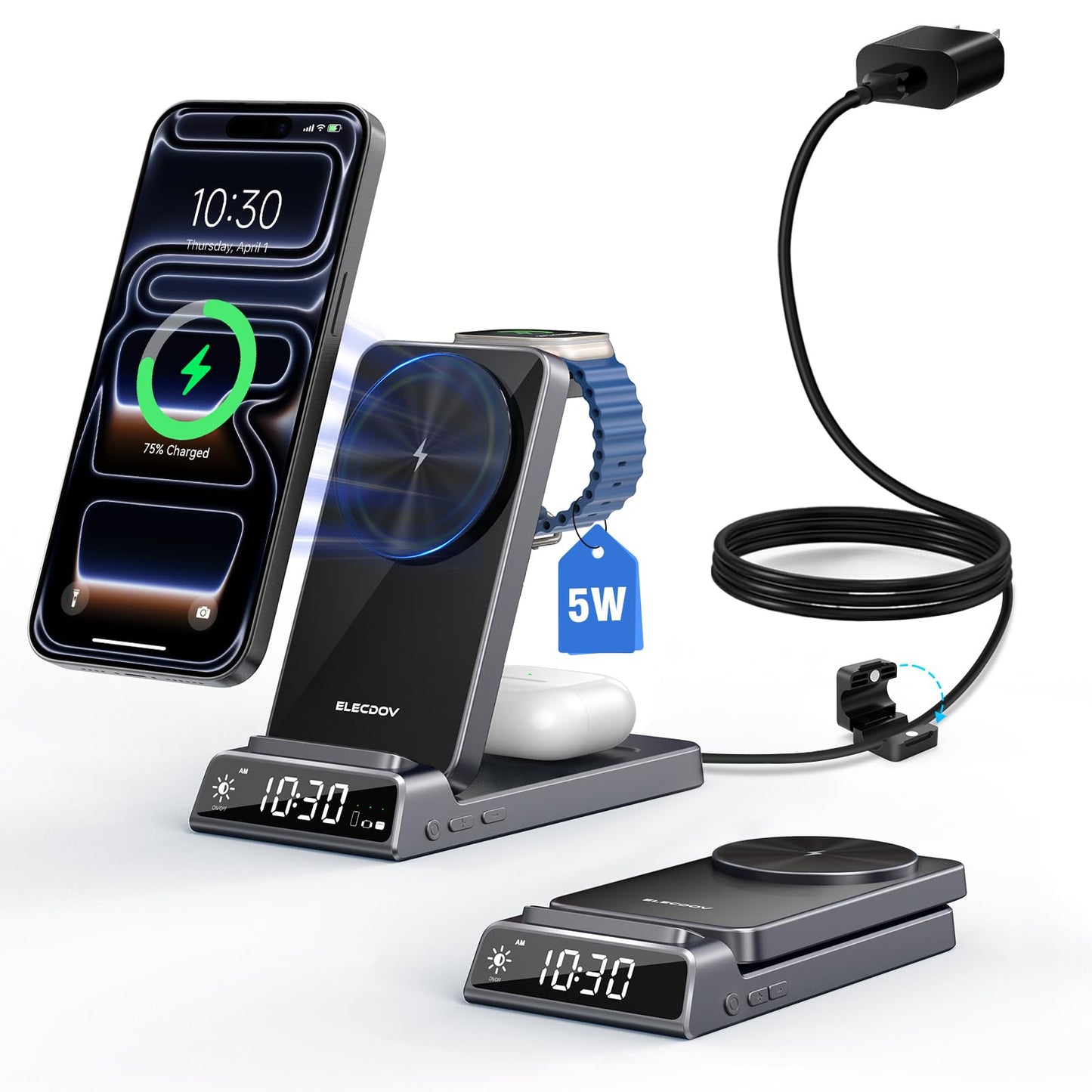 Elecdov製 マグネット式3in1充電ステーション（時計機能付き、Appleデバイス対応） 
