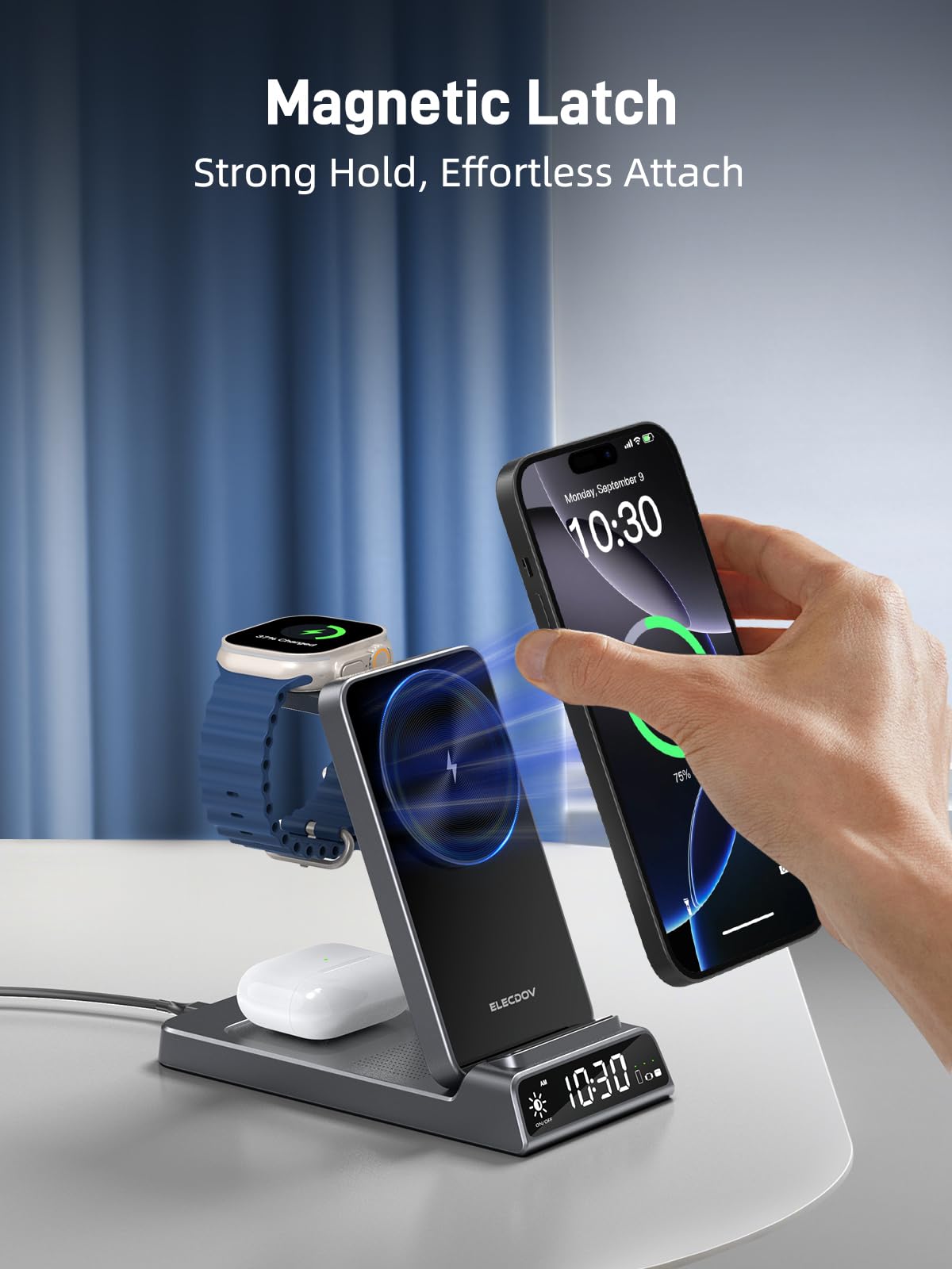 Elecdov製 マグネット式3in1充電ステーション（時計機能付き、Appleデバイス対応） 