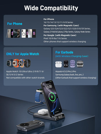 Elecdov製 マグネット式3in1充電ステーション（時計機能付き、Appleデバイス対応） 